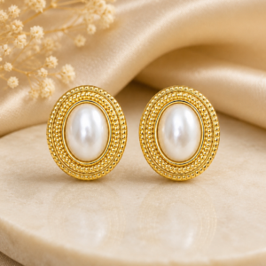 Alternative view of Classic Gold Pearl Stud Earrings – Vintage-Inspired Statement Jewellery