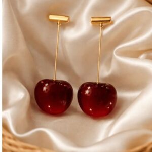 Red Cherry Drop Earrings – Minimal Gold Long Statement Earrings