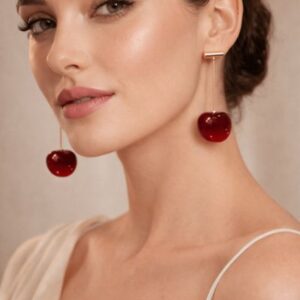 Alternative view of Red Cherry Drop Earrings – Minimal Gold Long Statement Earrings