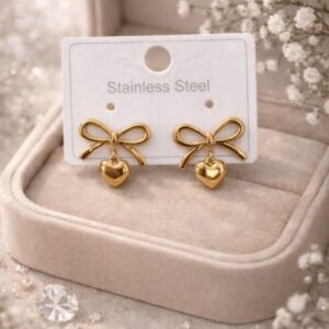 Alternative view of Gold Bow Heart Stud Earrings – Stainless Steel Minimal Jewellery