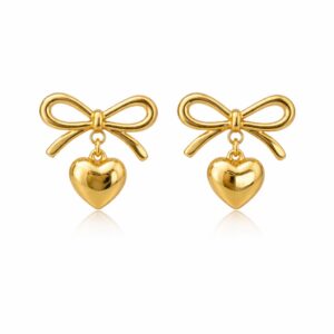 Gold Bow Heart Stud Earrings – Stainless Steel Minimal Jewellery