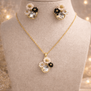 Gold Plated Floral Pendant Necklace Set for Women | Crystal Stone Flower Design with Matching Stud Earrings | Fashion Imitation Jewellery for Girls
