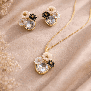 Alternative view of Gold Plated Floral Pendant Necklace Set for Women | Crystal Stone Flower Design with Matching Stud Earrings | Fashion Imitation Jewellery for Girls