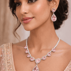 Alternative view of Pink Crystal Necklace Set for Women | Silver Plated Statement Choker with Teardrop Pendant & Matching Earrings | Bridal Wedding Party Wear Imitation Jewellery