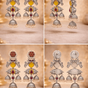 Alternative view of Oxidized Silver Triple Jhumki Earrings for Women | Traditional Indian Antique Jhumka with Red & Yellow Stones and Pearl Drops