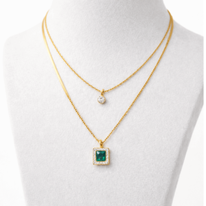 Gold Plated Layered Necklace for Women | Double Chain Pendant Necklace with Green Synthetic Stone & CZ Crystal | Fashion Imitation Jewellery for Girls