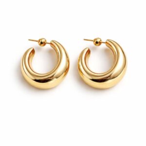 Gold Hoop Earrings for Women – Chunky Polished C-Shaped Stud Hoops, Minimalist Gold-Tone Statement Earrings