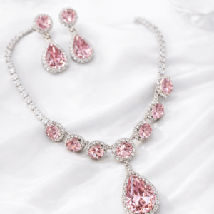 Pink Crystal Necklace Set for Women | Silver Plated Statement Choker with Teardrop Pendant & Matching Earrings | Bridal Wedding Party Wear Imitation Jewellery