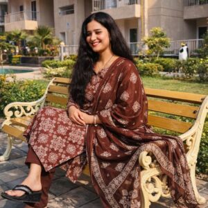 Women’s Brown Printed Cotton 3 Piece Kurta Set | Straight Fit Kurta with Bottom & Dupatta