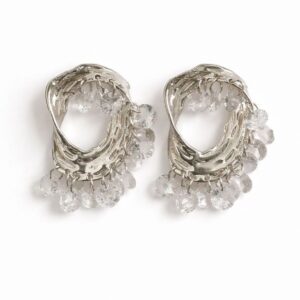 Silver Crystal Drop Hoop Earrings for Women – Textured Statement Hoops with Dangling Clear Rhinestones