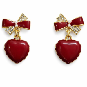 Red Heart Drop Earrings for Women | Cute Bow Design Gold Plated Dangle Earrings | Korean Style Imitation Jewellery for Girls, Party & Valentine Gift