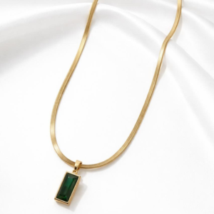 Gold Plated Snake Chain Necklace for Women with Green Rectangular Pendant | Artificial Fashion Jewelry | Minimalist Daily Wear Necklace