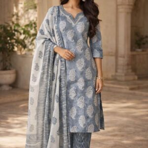 Alternative view of Women’s Pure Cotton Kurta Set with Dupatta | Grey & White Printed Kurta, Pant & Dupatta | 3 Piece Ethnic Wear Set