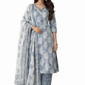 Women’s Pure Cotton Kurta Set with Dupatta | Grey & White Printed Kurta, Pant & Dupatta | 3 Piece Ethnic Wear Set