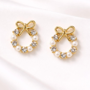 Gold Plated Pearl & Crystal Bow Stud Earrings for Women
