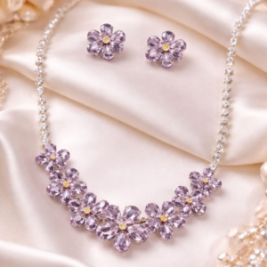 Lavender Floral Crystal Necklace Set for Women | Gold Plated Artificial Jewelry | Elegant Party & Wedding Wear Necklace with Earrings