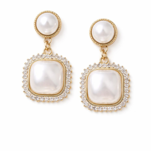 Gold-Tone Artificial Pearl Drop Earrings for Women – Square Imitation Pearl Dangle Earrings with Crystal Halo