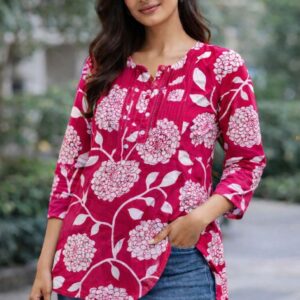 Women’s Mix Cotton Floral Printed Short Kurti Top | 3/4 Sleeve Casual Ethnic Kurta for Women | Stylish Daily Wear Tunic (Pink & White)