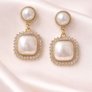 Alternative view of Gold-Tone Artificial Pearl Drop Earrings for Women – Square Imitation Pearl Dangle Earrings with Crystal Halo