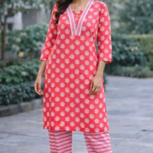 Women’s Cotton Printed Kurta with Pants Set | 2-Piece Ethnic Wear | Straight Kurti with 3/4 Sleeves | Casual & Festive Wear