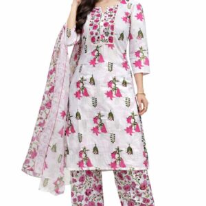 Women’s Cotton Floral Printed Kurta Pant Dupatta Set | 3 Piece Straight Kurta Set with Pants & Dupatta