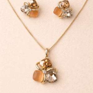 Gold Finish Pendant Necklace Set with Stud Earrings for Women | Artificial Jewellery Set with Crystal Detailing