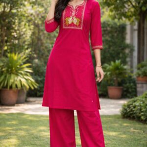 Women’s Embroidered Cotton Coord Set | Kurta and Pant Set for Women | Straight Kurta with Pants | Festive & Casual Ethnic Wear