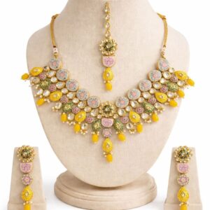 Premium Kundan & Meenakari Floral Statement Necklace Set with Earrings & Maang Tikka – Yellow Drop Bridal Jewelry Set for Women