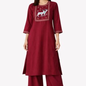 Women’s Pure Dabu Cotton Kurta Palazzo Set – Maroon Handblock Printed Straight Kurta with Wide Leg Palazzo | 2-Piece Ethnic Set