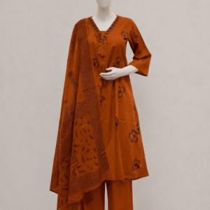 Alternative view of Pure Cotton 3 Piece Rust Color Kurta Set for Women – Slight A-Line Kurta with Pant & Dupatta, Printed Cotton Kurta