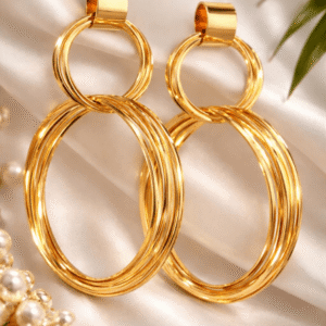 Alternative view of Gold Double Hoop Drop Earrings for Women – Anti-Tarnish, Lightweight Statement Dangle Earrings
