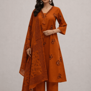 Pure Cotton 3 Piece Rust Color Kurta Set for Women – Slight A-Line Kurta with Pant & Dupatta, Printed Cotton Kurta