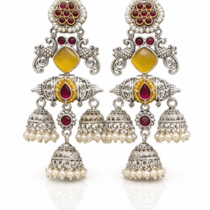 Oxidized Silver Triple Jhumki Earrings for Women | Traditional Indian Antique Jhumka with Red & Yellow Stones and Pearl Drops