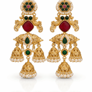 Traditional Gold Plated Temple Jhumki Earrings with Pearl Drops & Red Green Stones | Ethnic Bridal Festive Earrings for Women