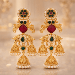 Alternative view of Traditional Gold Plated Temple Jhumki Earrings with Pearl Drops & Red Green Stones | Ethnic Bridal Festive Earrings for Women