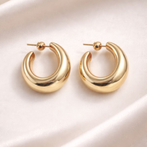 Alternative view of Gold Hoop Earrings for Women – Chunky Polished C-Shaped Stud Hoops, Minimalist Gold-Tone Statement Earrings