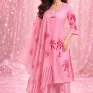 Women’s Pink Printed Kurta Set with Dupatta – 3 Piece Straight Kurta