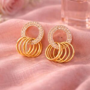 Alternative view of Gold Plated Hoop Drop Earrings for Women | Multi Ring Dangle Earrings with CZ Crystal Studded Top | Statement Party Wear Imitation Jewellery for Girls