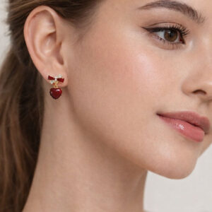 Alternative view of Red Heart Drop Earrings for Women | Cute Bow Design Gold Plated Dangle Earrings | Korean Style Imitation Jewellery for Girls, Party & Valentine Gift