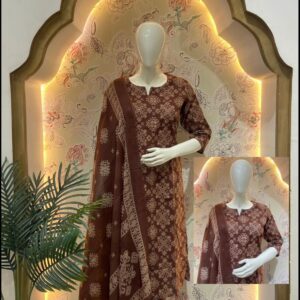 Alternative view of Women’s Brown Printed Cotton 3 Piece Kurta Set | Straight Fit Kurta with Bottom & Dupatta