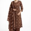 Women’s Brown Printed Cotton 3 Piece Kurta Set | Straight Fit Kurta with Bottom & Dupatta