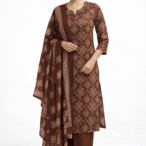 Women’s Brown Printed Cotton 3 Piece Kurta Set | Straight Fit Kurta with Bottom & Dupatta