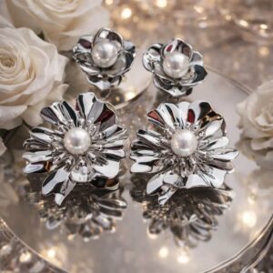 Alternative view of Anti-Tarnish Silver Floral Drop Earrings for Women | Pearl Flower Dangle Earrings | Lightweight Elegant