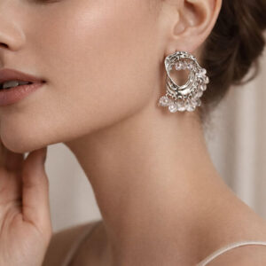 Alternative view of Silver Crystal Drop Hoop Earrings for Women – Textured Statement Hoops with Dangling Clear Rhinestones