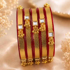Red & Gold Traditional Bangles for Women | Plastic Bangles with Brass Ghoongroo & Stone Work - Image 5