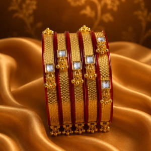 Alternative view of Red & Gold Traditional Bangles for Women | Plastic Bangles with Brass Ghoongroo & Stone Work