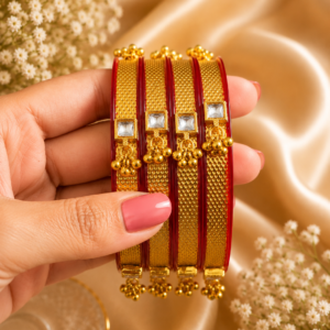 Red & Gold Traditional Bangles for Women | Plastic Bangles with Brass Ghoongroo & Stone Work