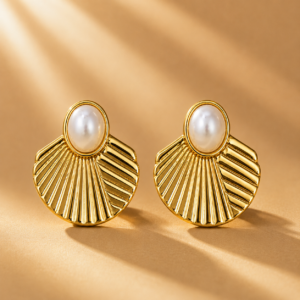 Gold Plated Pearl Fan Stud Earrings for Women | Anti Tarnish Polish | Designer Imitation Jewellery