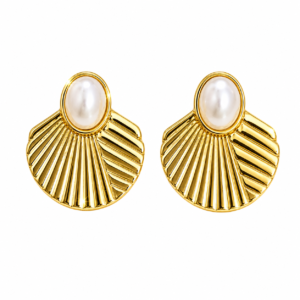 Alternative view of Gold Plated Pearl Fan Stud Earrings for Women | Anti Tarnish Polish | Designer Imitation Jewellery