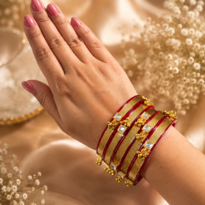 Red & Gold Traditional Bangles for Women | Plastic Bangles with Brass Ghoongroo & Stone Work - Image 6